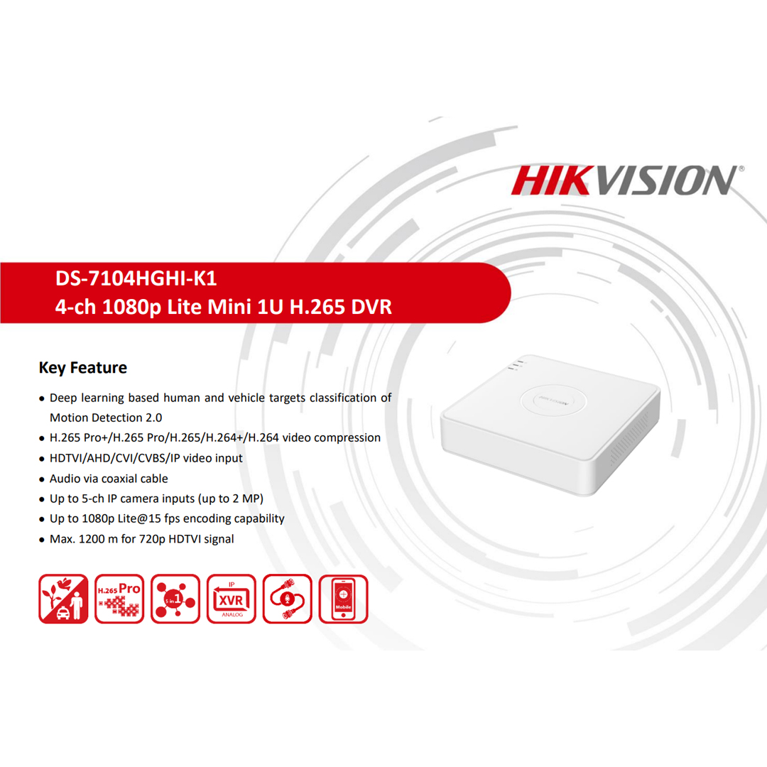 hikvision ds-7104hghi-k1/m1 4 Kanal 1080P Lite HD-TVI DVR Kayıt Cihazı | İnsan ve Araç Sınıflandırmalı Akıllı Hareket Algılama | HDMI & VGA Çıkış