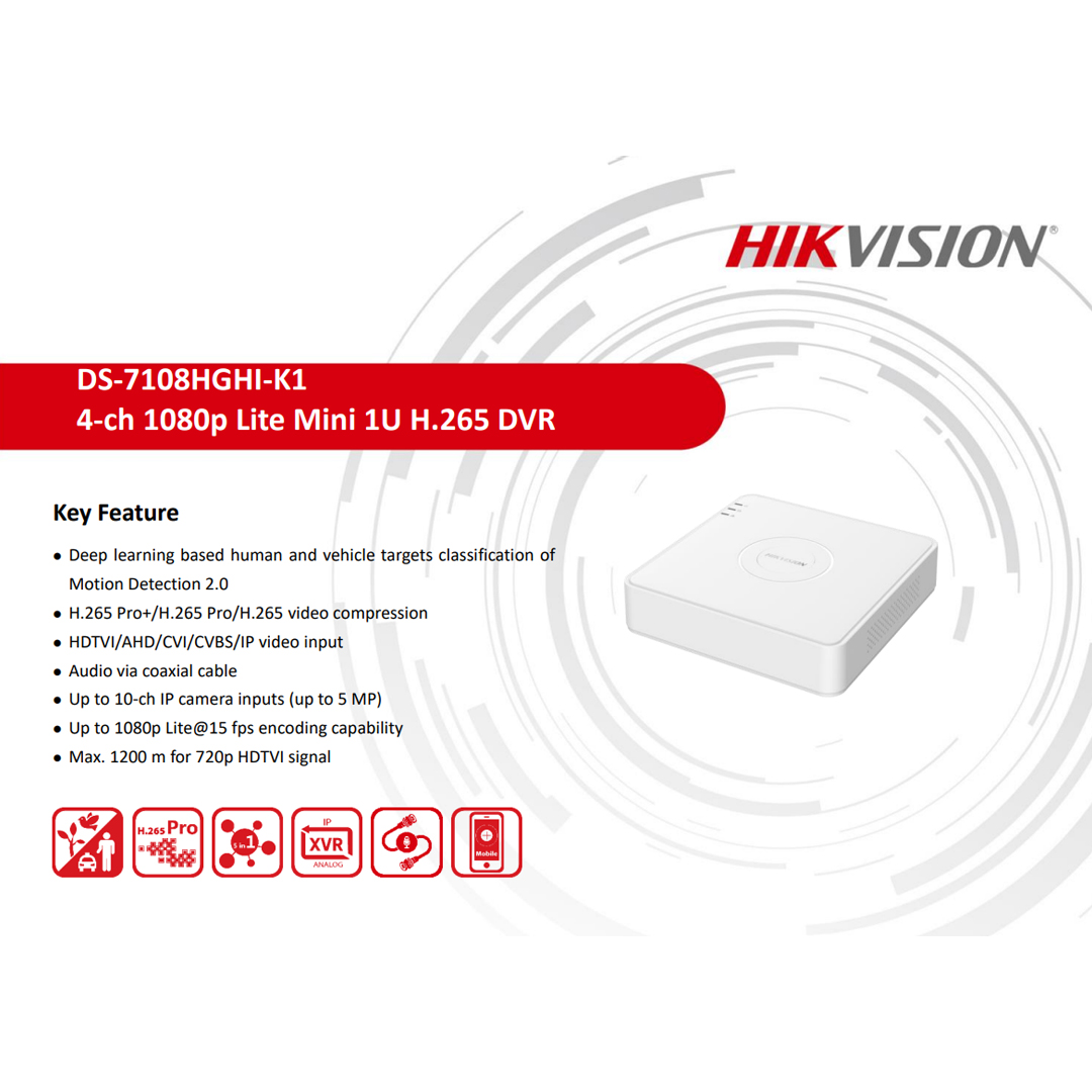hikvision ds-7108hghi-k1/m1 8 Kanal 1080P HD-TVI DVR Kayıt Cihazı | İnsan ve Araç Sınıflandırmalı Akıllı Hareket Algılama | HDMI & VGA Çıkış