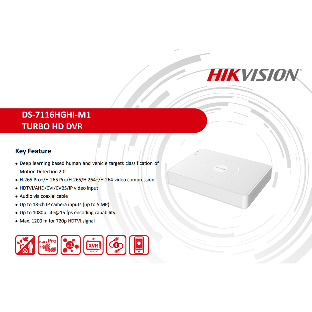 hikvision ds-7116hghi-k1/m1 16 Kanal 1080P HD-TVI Kayıt Cihazı, H.265+, 10TB Depolama Desteği(Dahili değil), HDMI & VGA Çıkışı, İnsan ve Araç Tespiti