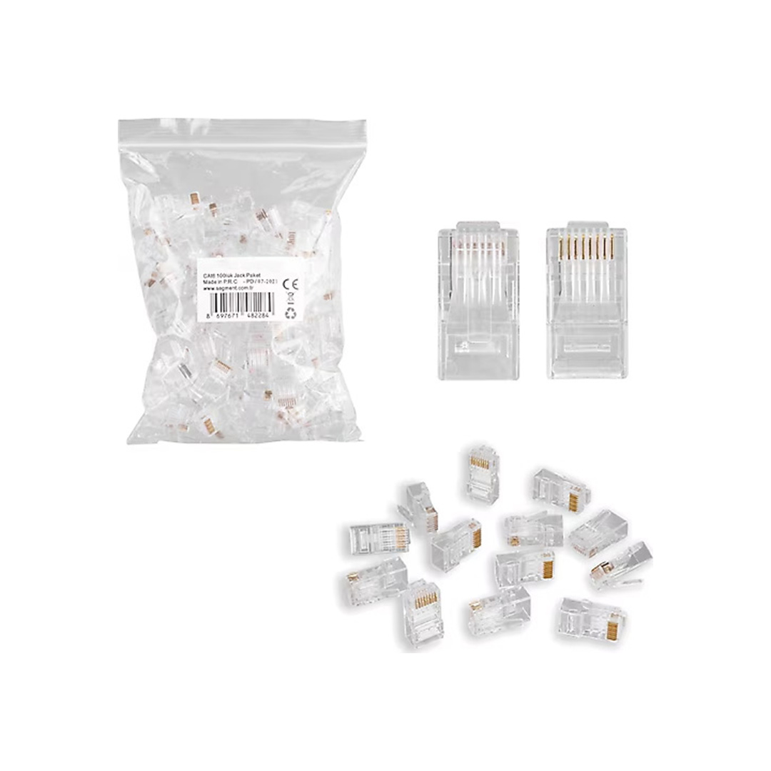 100'lü RJ45 Konnektör Paketi – Cat5/Cat6 Uyumlu Ağ Kablosu Uçları | Ethernet Konnektör